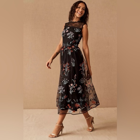 BHLDN Anthropologie Isabel Garcia Vizelle Midi Dress Floral Tulle Lace XS S